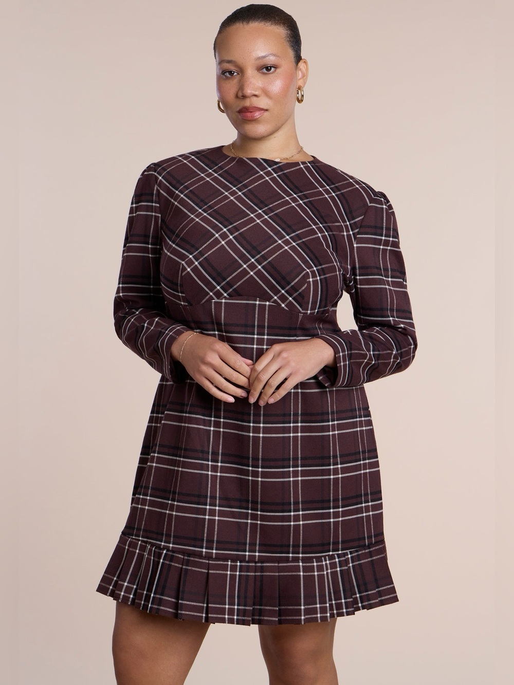 Eloquii Brown Plaid Long-Sleeve Mini Dress - Size 14